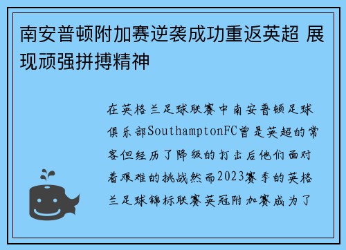 南安普顿附加赛逆袭成功重返英超 展现顽强拼搏精神 南安普顿附加赛逆袭成功重返英超 展现顽强拼搏精神